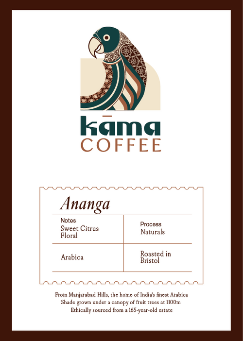 Kama Coffee Ananga label with a parrot illustration on a white background